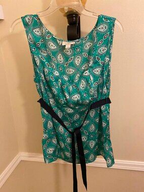 NWOT Ann Taylor-LOFT Sleeveless Blouse Size 14 Turquoise Paisley Belted